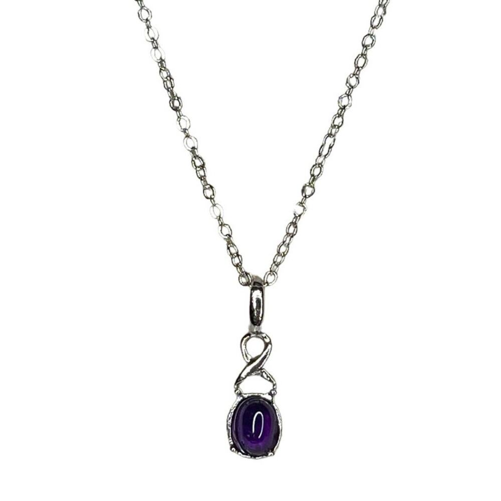 Pendant Necklace Silver Tone Chain and Pendant with Purple Faux Amethyst